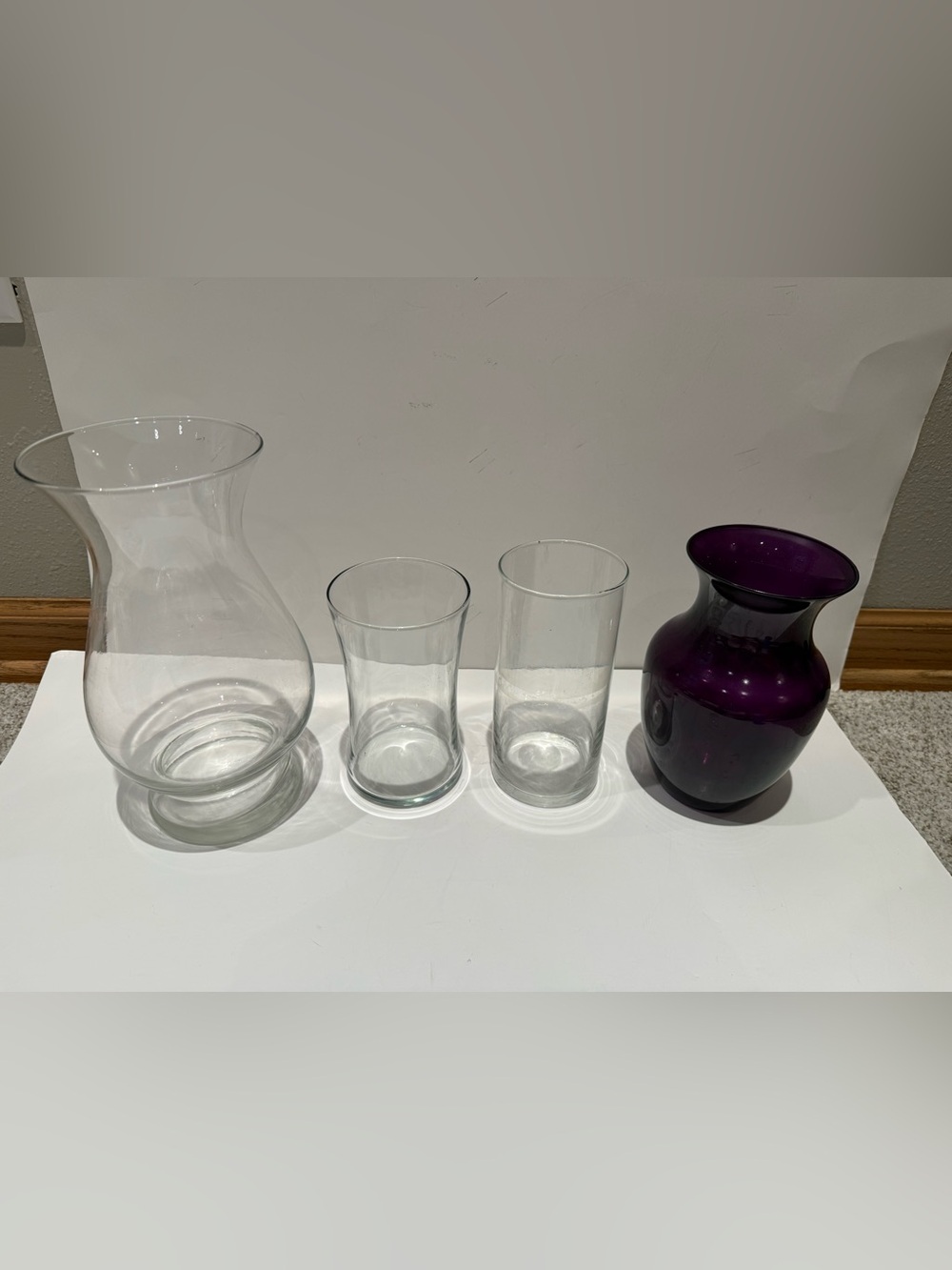 Set of 4 Assorted Glass Vases Clear Hourglass Cylinder Deep Purple & Clear Vases